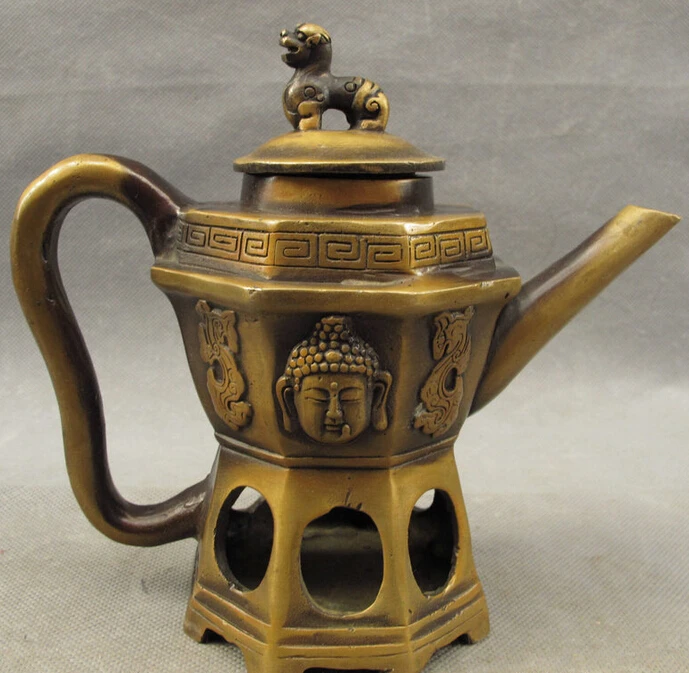 

S4688 Chinese Bronze Dragon Lion Shakyamuni Buddha Head Statue Handle Teapot Wine Pot D0317