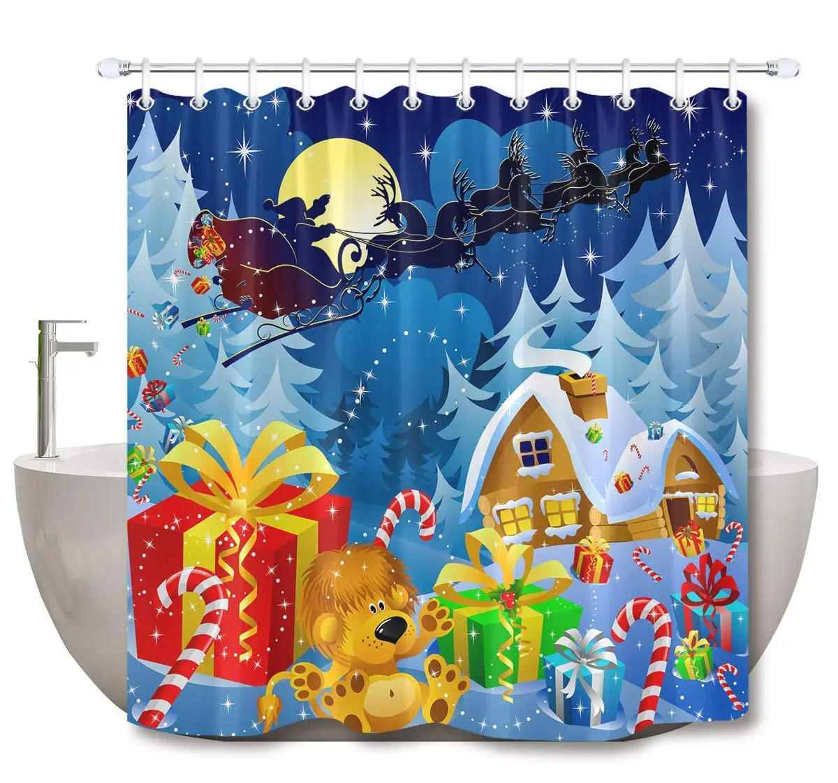 Christmas Shower Curtain Set Santa Claus Elk Carriage Gifts Chimney