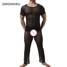 Сексуальные мужские кальсоны нижнее белье мужские с короткими рукавами сетчатая прозрачная Пижама Ночное белье наборы кальсонов топы и брюки набор
