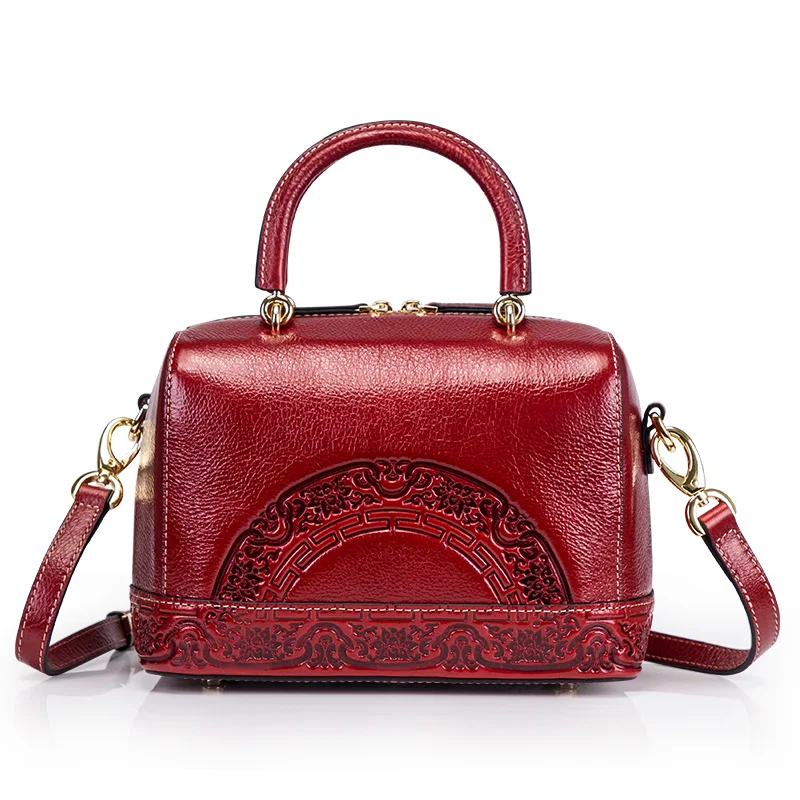 

100% Genuine Leather Bag Women Embossed Messenger Crossbody Tote Handbag Chinese Style Pillow Vintage Shoulder Top Handle Bag