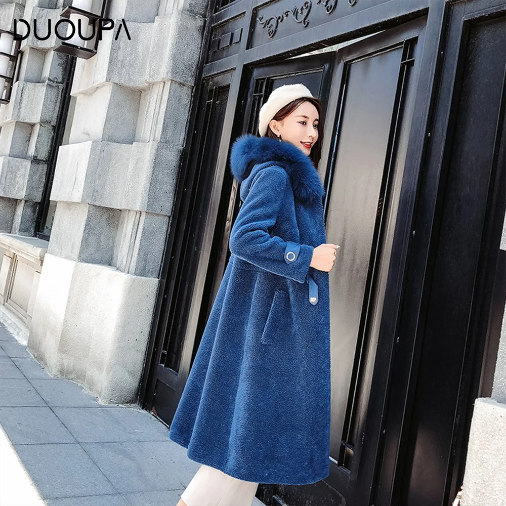 

DUOUPA Women sheepskin Coat with Real Fox Fur Collar Woolen Jacket Winter Autumn Slim Lady 2018 Long Overcoat Women Wool Coat