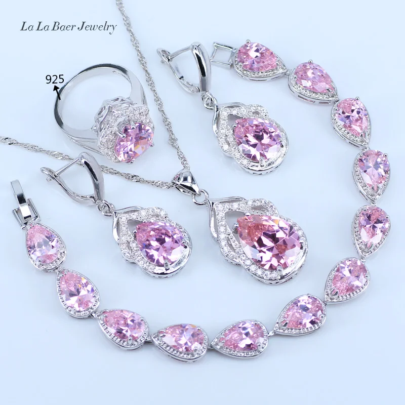 L& B Один комплект роскошных свадебных украшений с розовыми кристаллами 925 серебряного цвета для женщин браслет/Подвеска/ожерелье/серьги/кольцо - Окраска металла: Four Piece