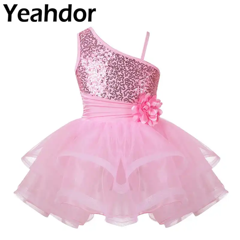 inhzoy Toddler Baby Girls Sequin One Shoulder High Low Tutu Skirt Flower Ballet Leotard Dance Dress