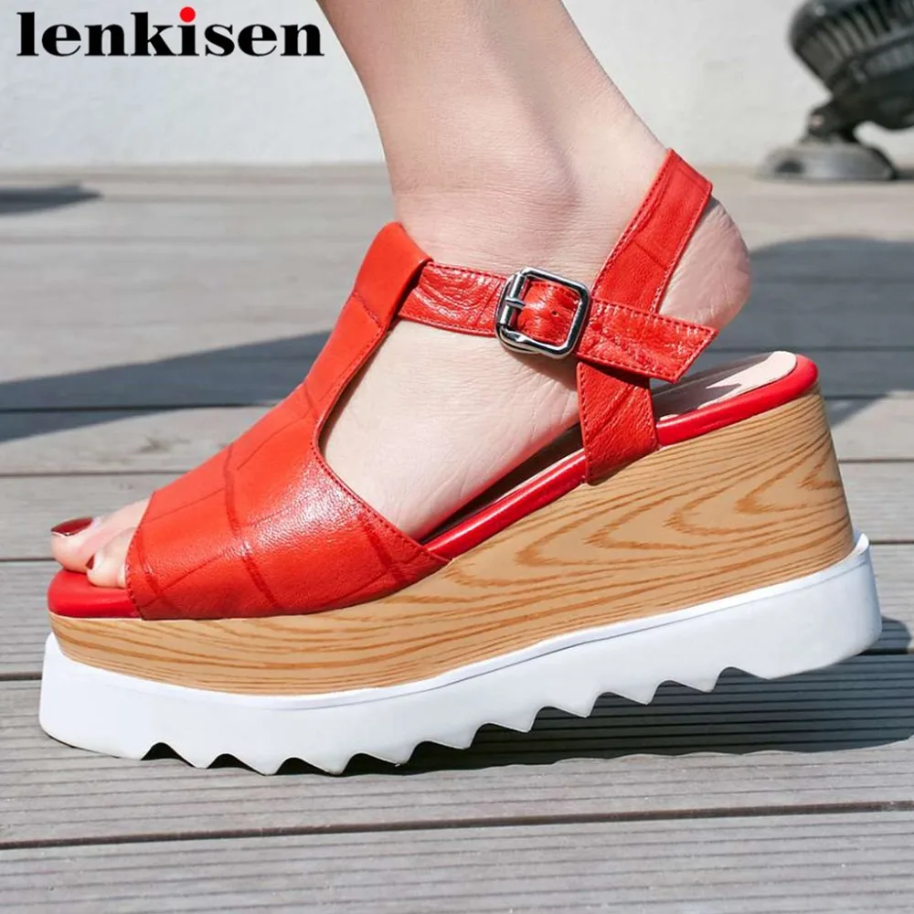 

Lenkisen vintage cow leather buckle strap peep square toe women sandals high bottom wedges waterproof European style shoes L07