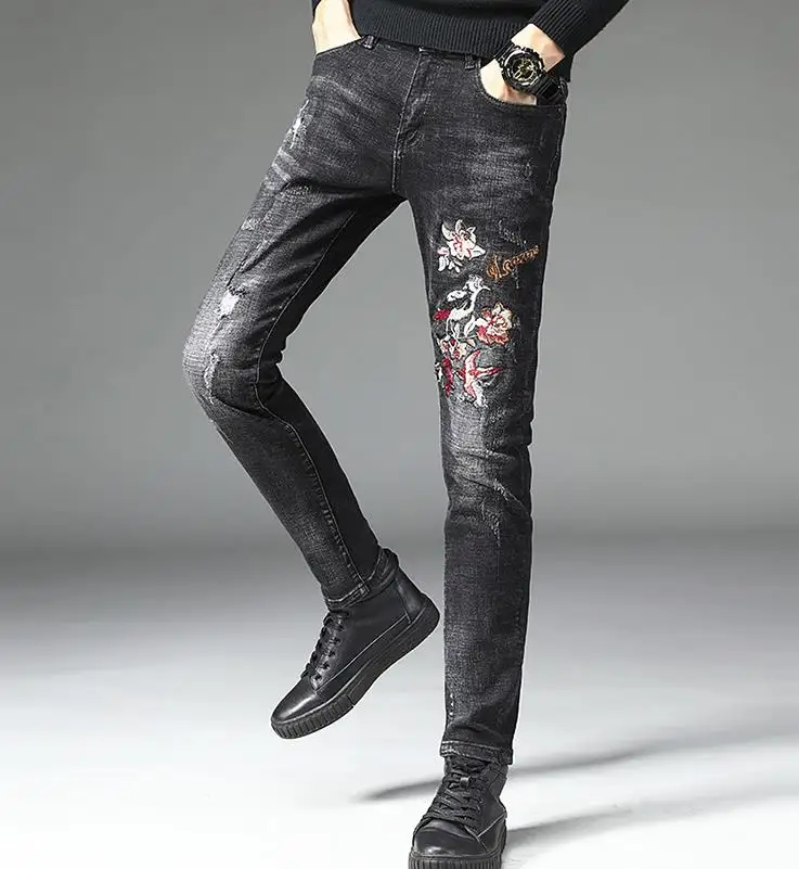TOP Fashion Mens Flower Bird Emboridered Jeans Torn Patched Holey