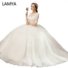 Lowest Price LAMYA Real Photo Cheap Half Lace Sleeve Wedding Dresses Pregnant Vintage O Neck Wedding Gown Ball Gown Plus Size Bride Dress Interview ,