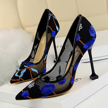 

Euro-American style super high heel, shallow pointed flower embroidery thread, lace mesh hollow sexy single shoes high heels