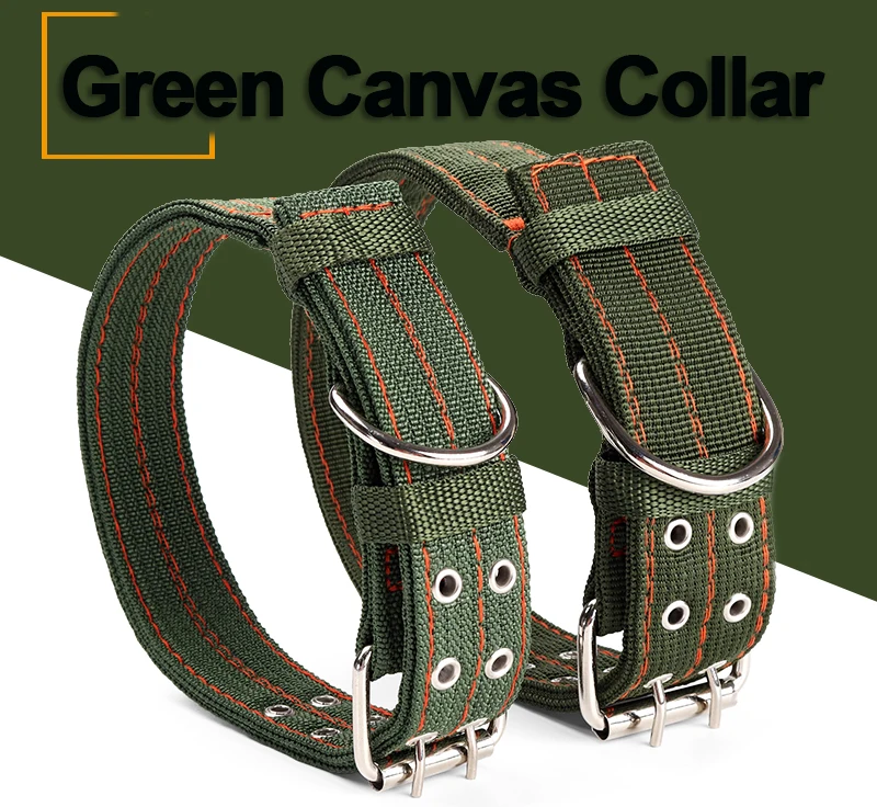 Army Green Canvas Dog Collar Double Row Buckle Strong Adjustable Pet Collar For Medium Large Dogs