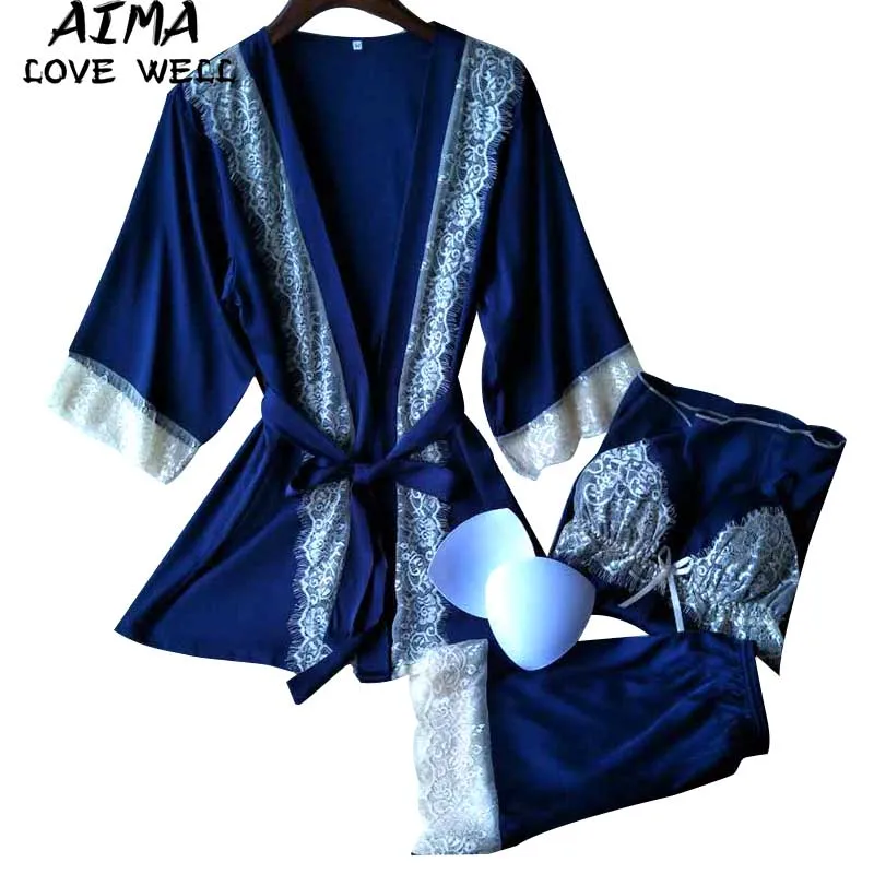 Women Sexy Silk Satin Pajama Set Short Satin Bride Robe