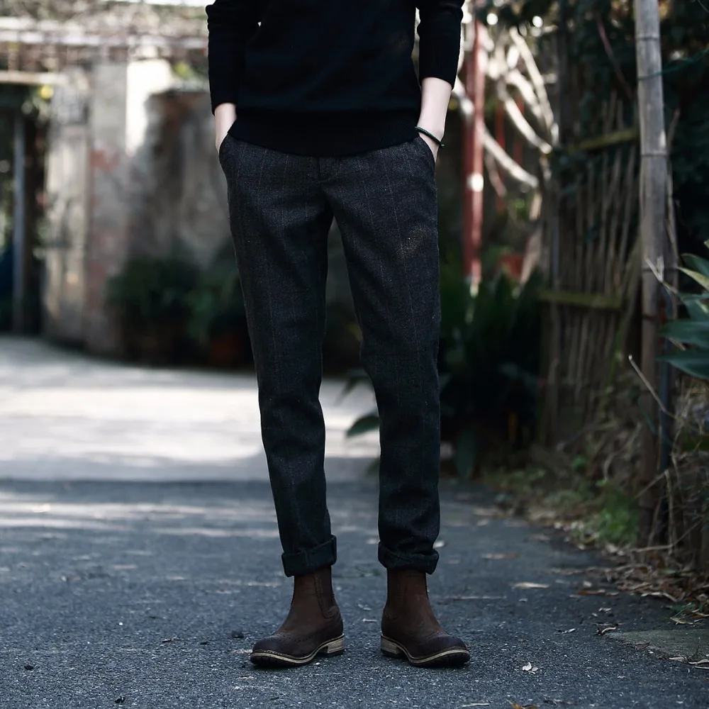 Мужские Клетчатые Шерстяные брюки в винтажном британском стиле, осенне-зимние облегающие толстые теплые шерстяные повседневные брюки, мужские брюки A5096