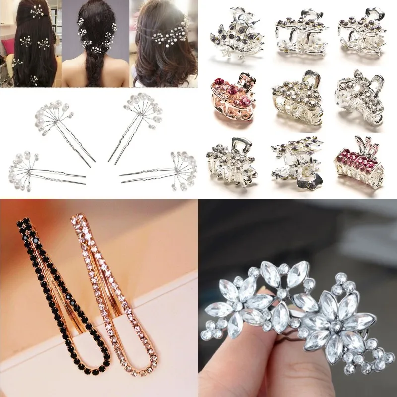 

1PC Silver Hair Clip Crystal Flower Leaf U Shape Hair Sticks Pearl Hairpin Hair Clip Vintage Pins Wedding Hair Claws Accessories