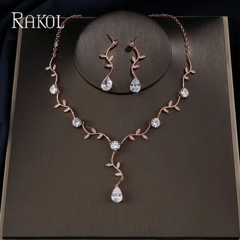 RAKOL Bijoux кубический циркон филиал африканские Свадебные Ювелирные наборы для женщин Серебряные каплевидные серьги ожерелье Рождественский подарок