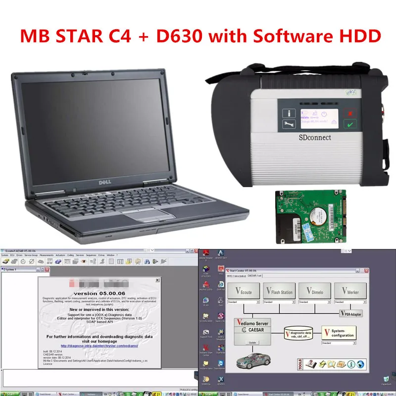 

MB Star C4 SD Connect for Mercedes Benz Diagnostic tool with Star Xentry Diagnostics System Software HDD in used D630 laptop