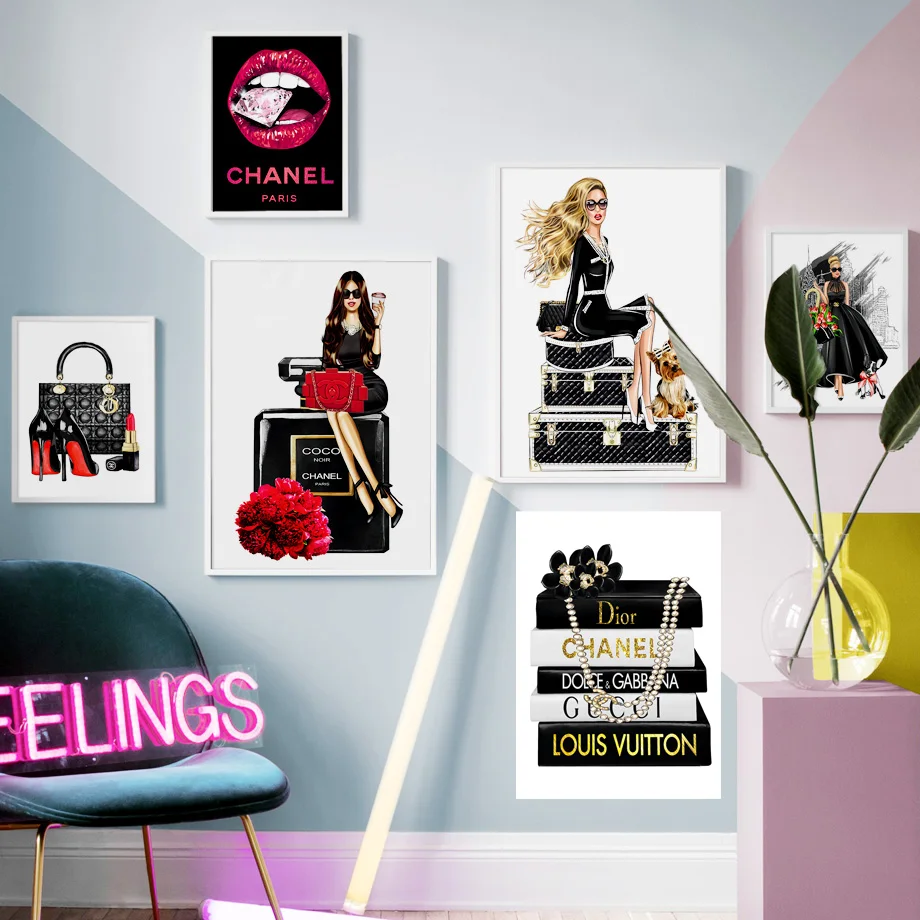 

Fashion Girl Perfume Book Red Lips Brand Wall Art Canvas Painting Nordic Posters And Prints Wall Pictures For Living Room Decor