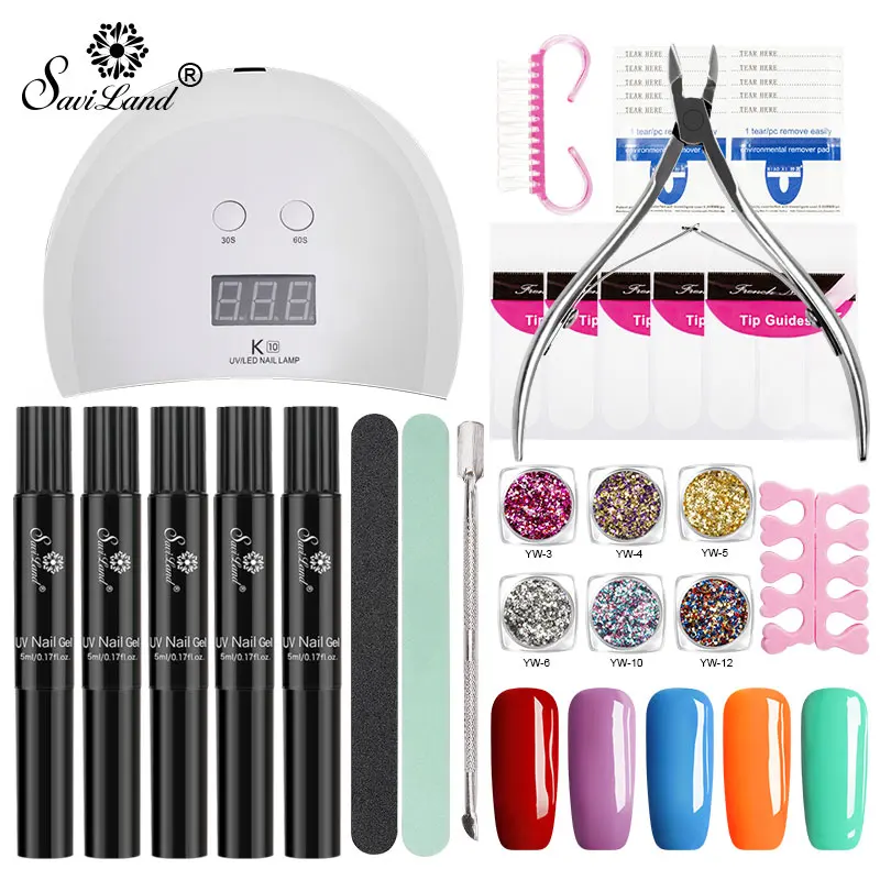 

Saviland UV LED Lamp Dryer Nail Art Kits Gel Nail Varnish Pen Glitter One Step Nail Gel Polish Colors 3 In 1 Nail Art Set