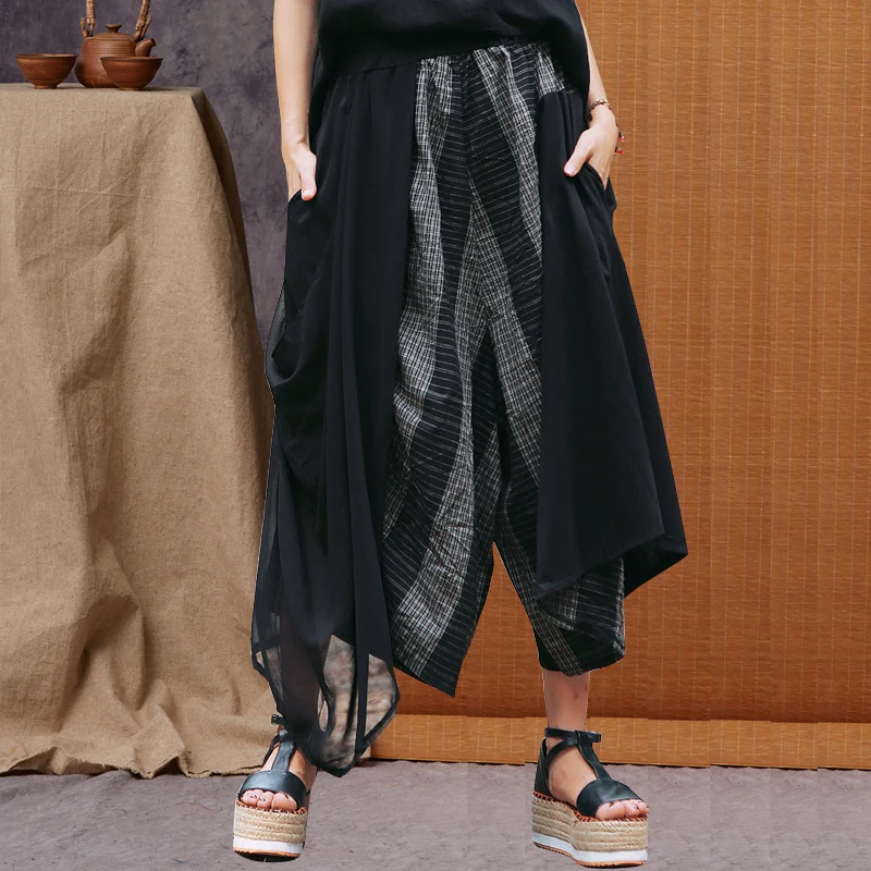 #0618 Summer Joggers Women Spliced Chiffon Wide Leg Pants Female Loose Streetwear Cotton Linen Elastic High Waist Trousers Black #0618 Summer Joggers Women Spliced Chiffon Wide Leg Pants Female Loose Streetwear Cotton Linen Elastic High Waist Trousers Black