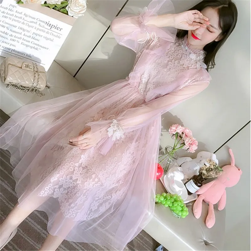 

2019 New Summer Beach Dress Ladies Vintage Lace Crochet Party Dress 2 Piece Set Dress Women Long Sleeve Spring Summer Dress 591