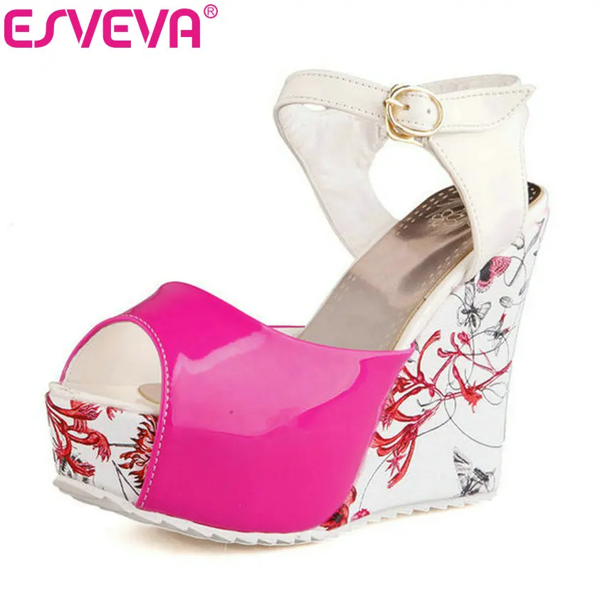 

ESVEVA Women Pumps Wedges High-Heels Round Peep Toe Ankle Buckle Strap Flower Platform Ladies Elegant Sandals Blue Size 34-39