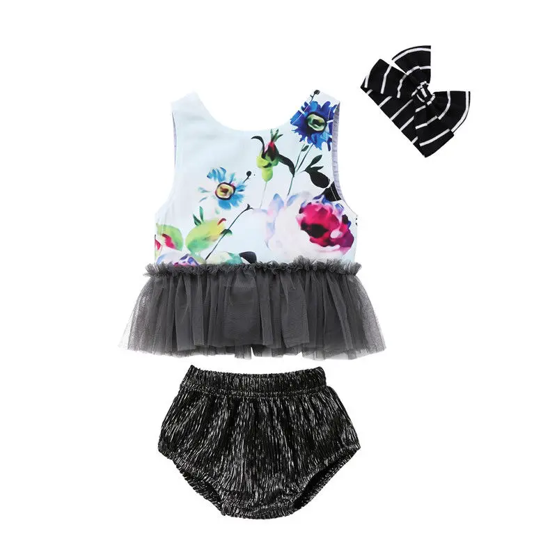 

Kids Baby Girl Summer Casual Clothes Flower Sleeveless T-shirt Tops+Pants+Headband 3Pcs Cute Outfits Set 0-24M