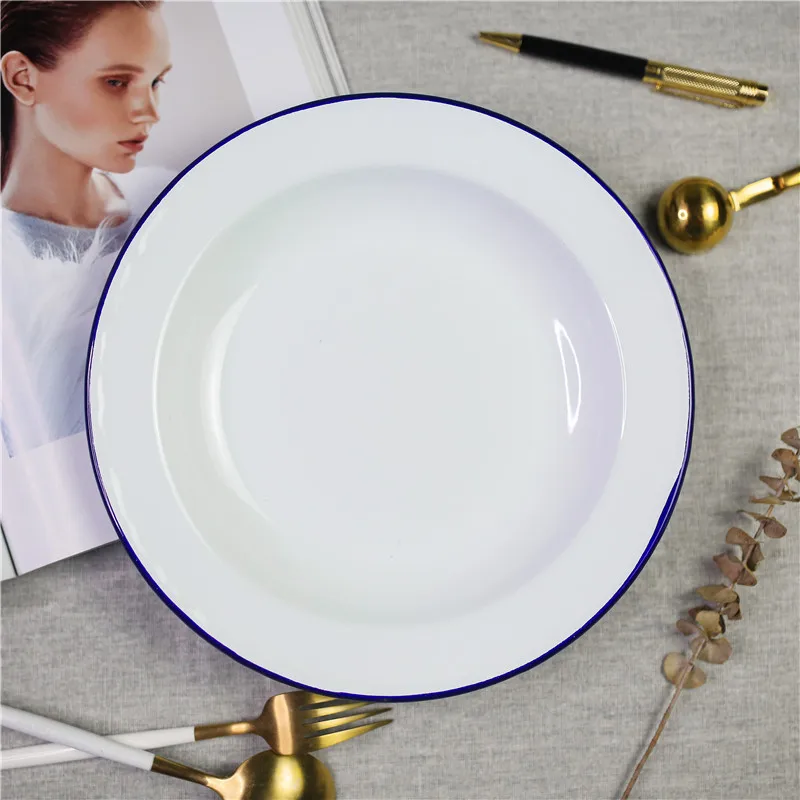 Эмалированная тарелка обеденные тарелки диаметр посуды 26,5 см - Цвет: Blue edge