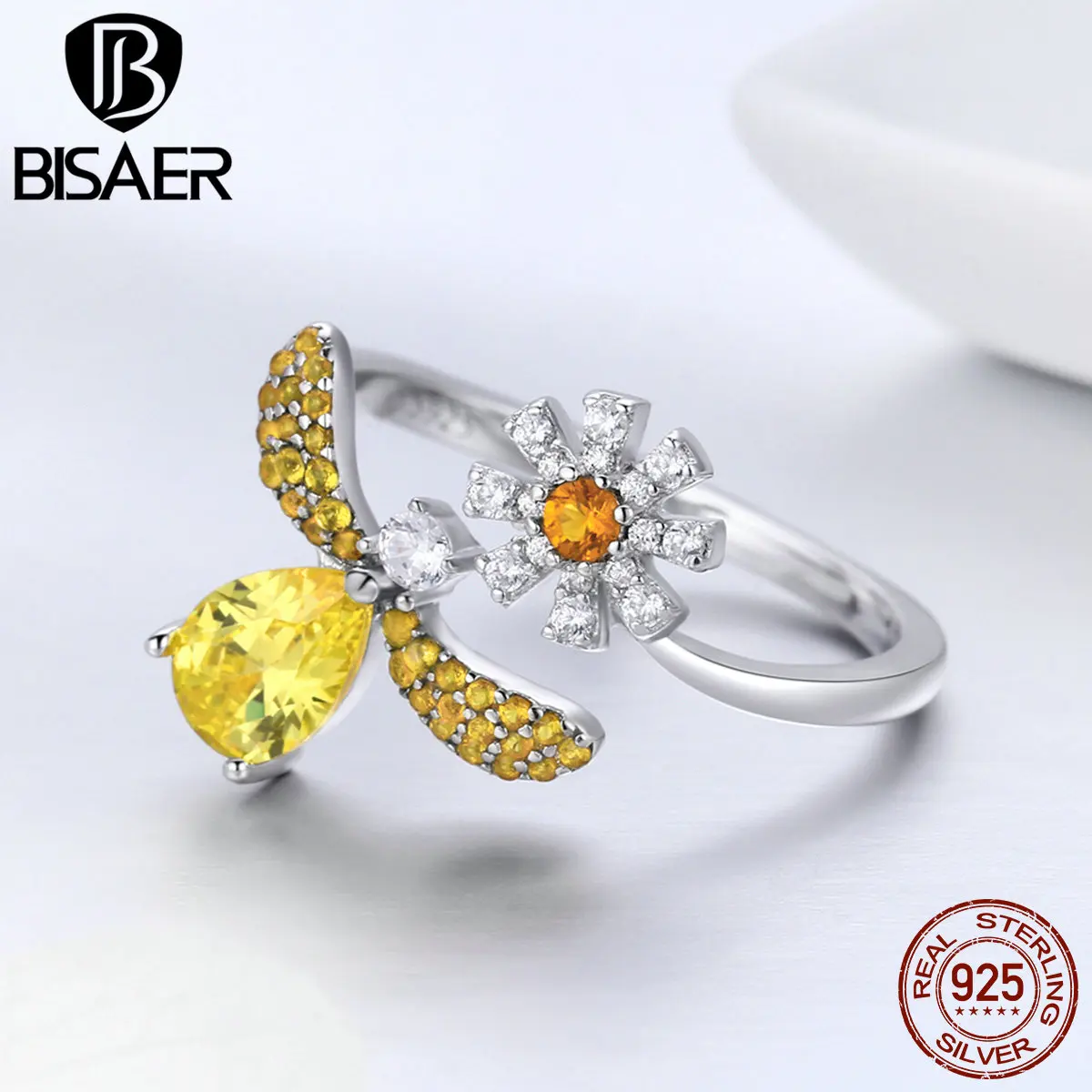 

BISAER Authentic 925 Sterling Silver Yellow CZ Insect Bees and Flower Open Free Size Finger Rings for Women Party Band GXR348