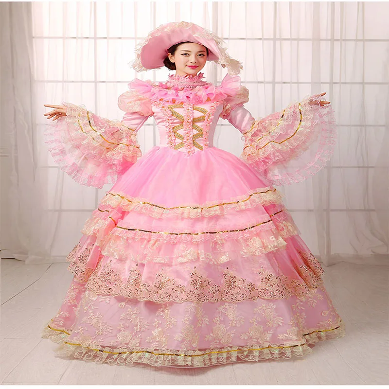 

Brand New 2018 Pink Lace Long Flare Sleeve Ruffles European Court Stage Show Party Dress for Women Drop Shipping