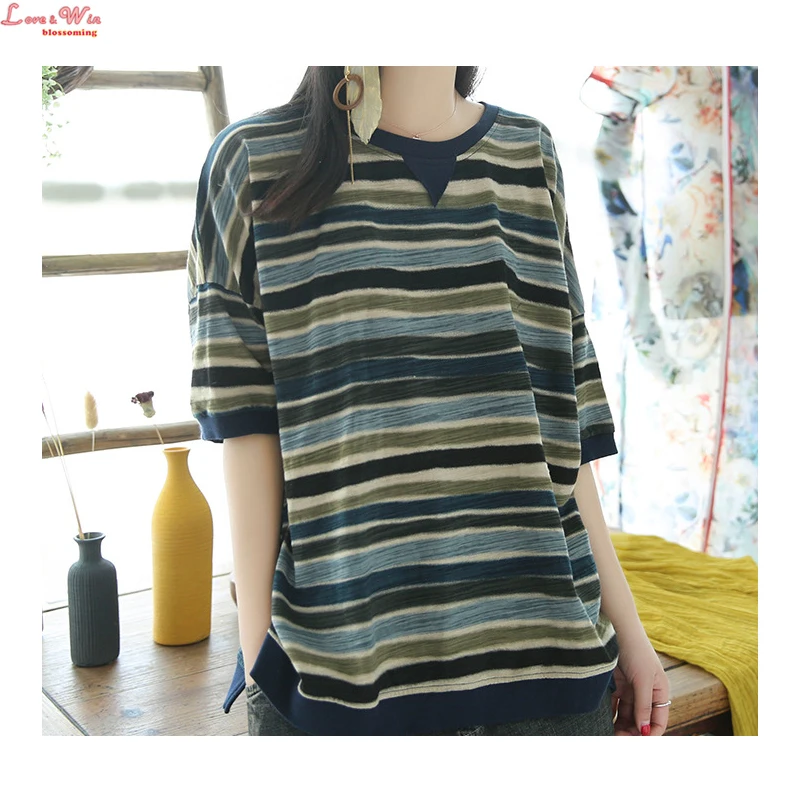 Cotton Colored Striped Crew Neck T font b shirt b font Summer font b Women b
