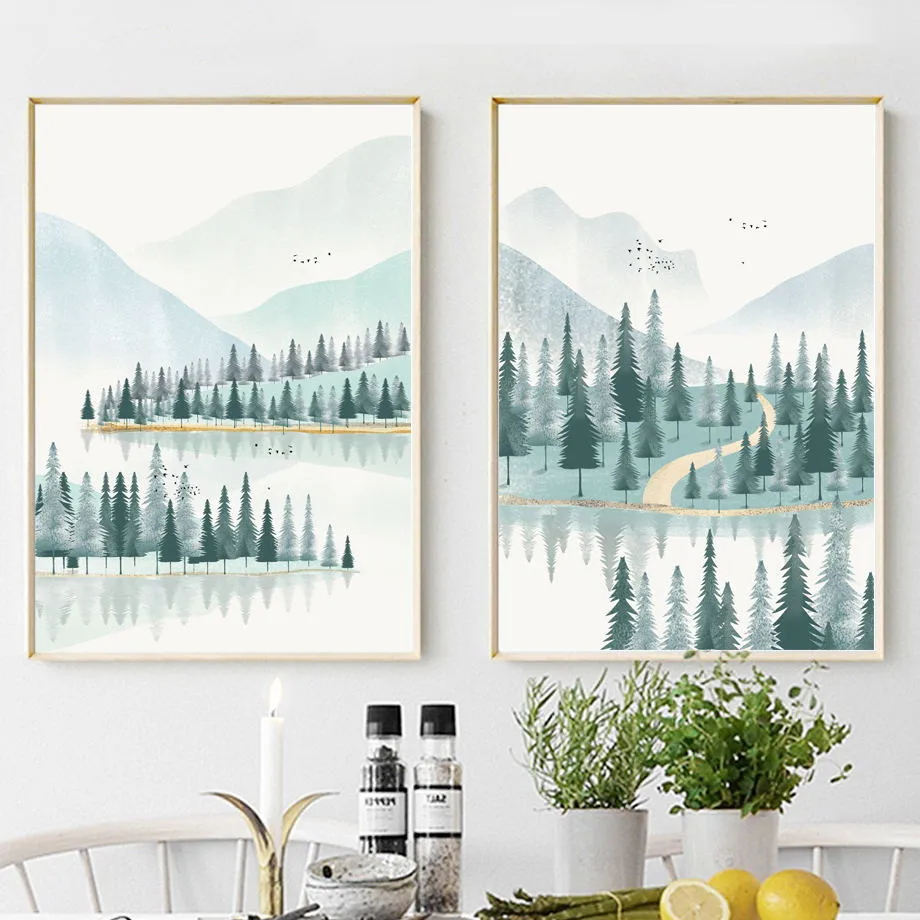 Watercolor Forest River Mountain Landscape Wall Art Canvas Painting Nordic Posters And Prints Wall Pictures For Living Room