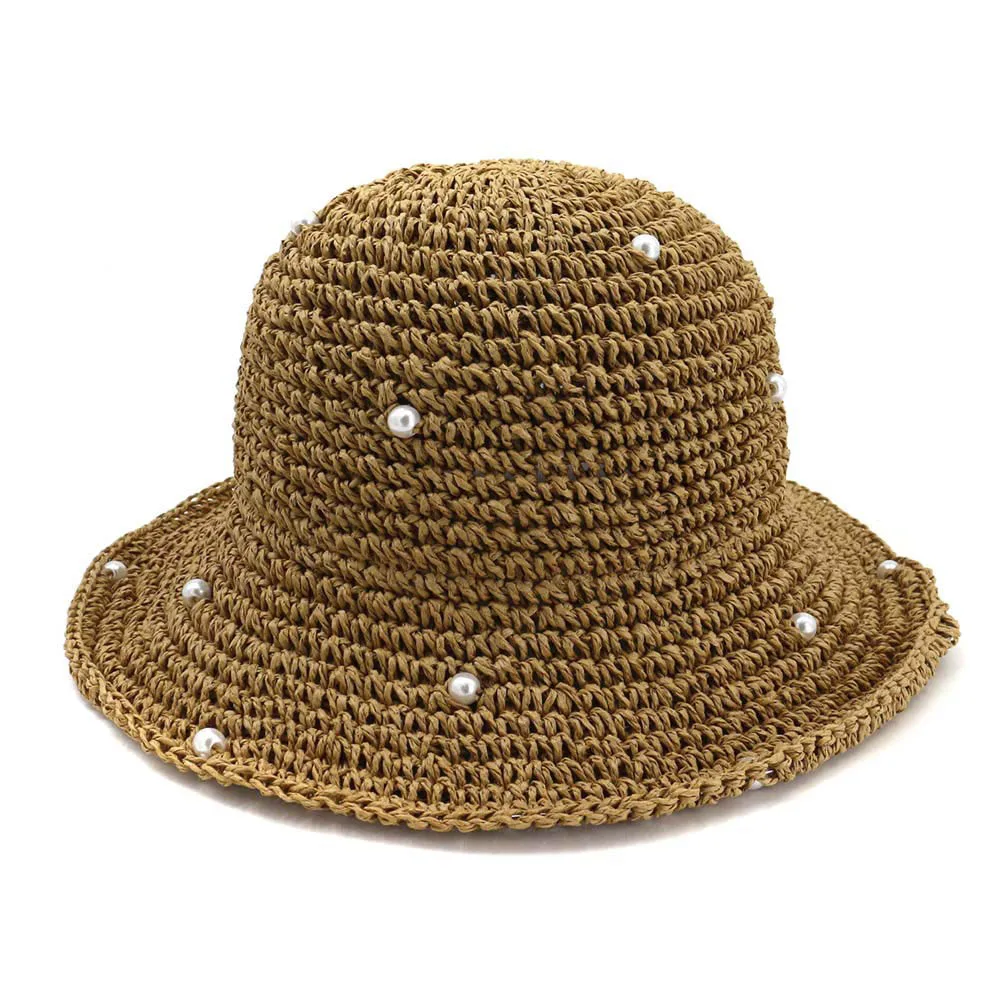 

Spring Summer Pearl Straw Hat Women Dome Sun Hats Cap Casual Outdoor Bucket Hat for Lady Fisherman Visor Hat Travel Headwear