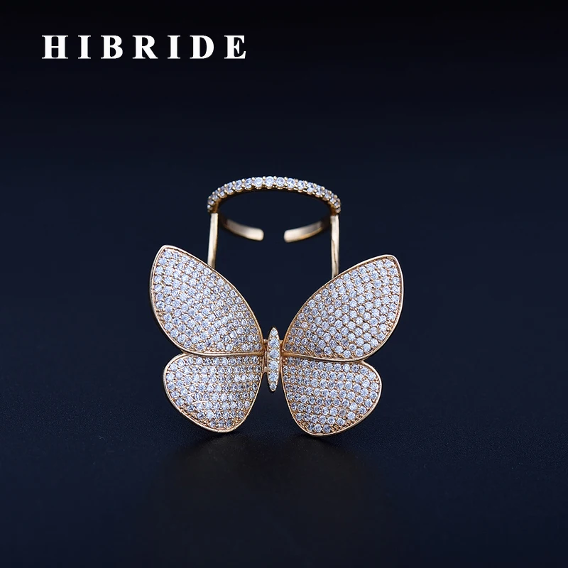 

HIBRIDE New Design Clear Butterfly Open Women Ring Micro Cubic Zircon Pave Gold-Color Rings Female Anillos Mujer R-176