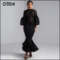 OTEN-2018-Fashion-Streetwear-Flare-Sleeve-See-Through-High-Street-Women-Mermaid-Mesh-Mid-calf-dress