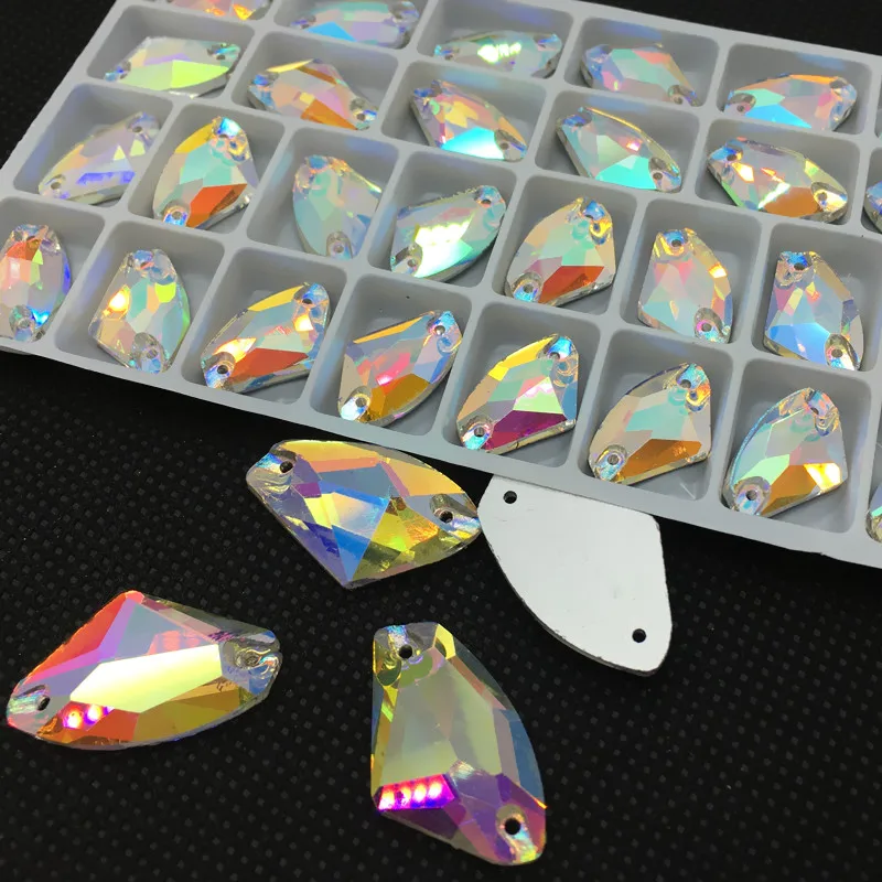 

Clear AB Color Glass Crystal AX Shape Sew On Rhinestone Flatback 2 Holes Galactic Shape Sewing Stone Dress Making 5x10~16x27mm