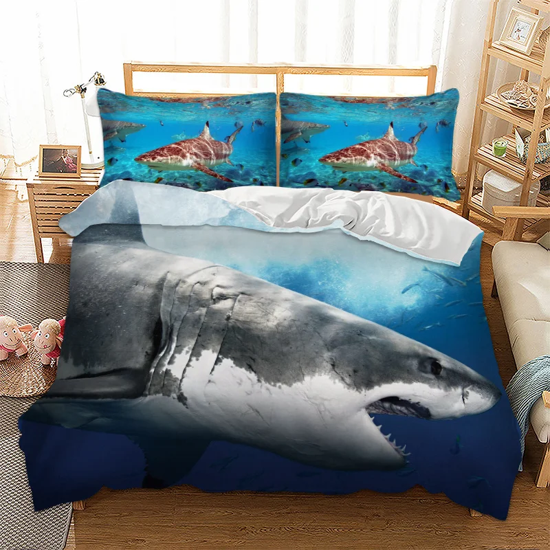 

3D White Shark Turtle Fishes Duvet Cover Boys Adults Bedclothes Comforter Cover Pillowcase Comfortable Fashion Bedding Set