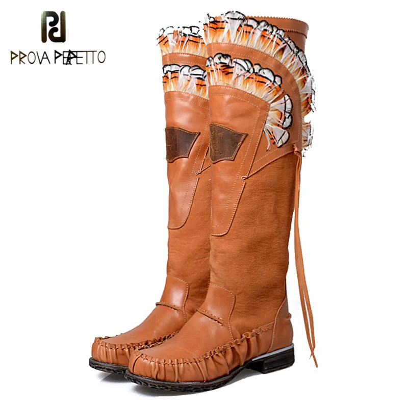 

Prova Perfetto 2018 New Design Genuine Leather Patchwork Long Boots Square Toe Low Heel Mixed Colors Knee High Boots Knight Boot