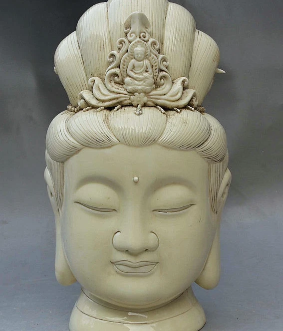 

12" China White Porcelain Wealth Kwan-Yin Shakyamuni Buddha GuanYin Head Statue