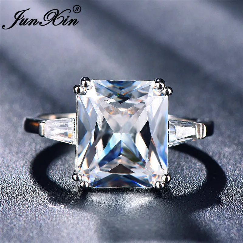 JUNXIN Female Austrian Crystal Princess Cut Stone Wedding Rings For Women 925 Silver Filled Big White Zircon Engagement Jewelry