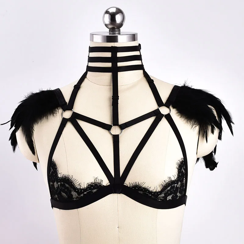 

Festival Feather Epaulettes Body Harness Black Natural Tribal Fusion Shoulder Pieces Bondage Costume Clothing Wing Shoulder