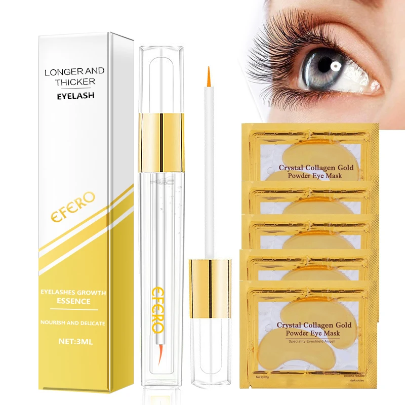 

5Pair Skin Care Gold Eye Mask Patch Under Eye Care Anti Wrinkle Eye Mask +1Pcs Eyelash Growth Serum Lashes Extension Essence Set