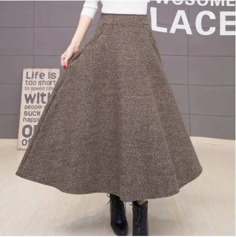 Elegant High Waist Thick Wool Vintage Korean Women Skirts New Female Robe Office Wear Bandage Peated Long Skirts FW119 - Цвет: Хаки