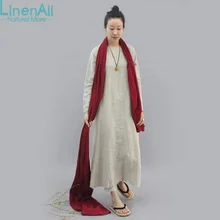 LinenAll original design women’s natural linen dress gown loose linen O-neck solid dress robe female GSH