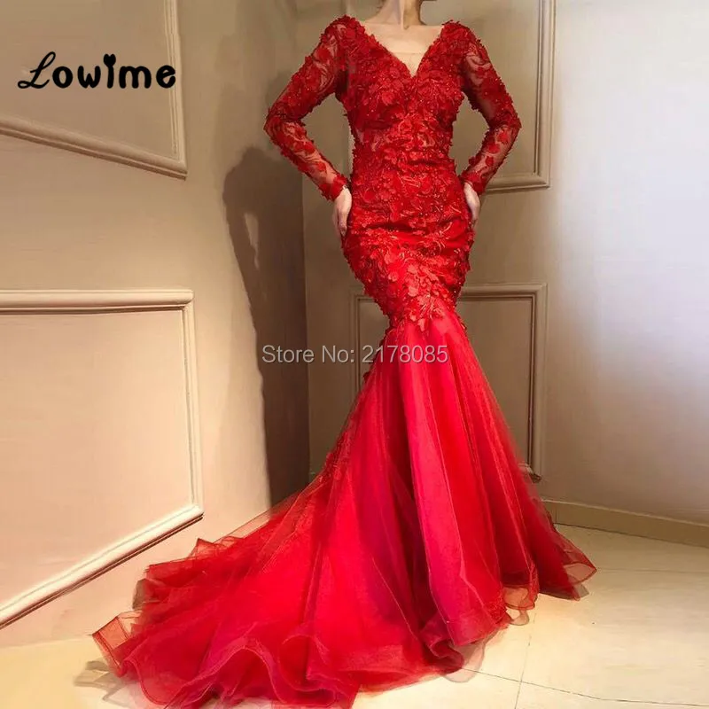 Angel-Novias-Lange-Mouwen-Mermaid-Rode-Borduurwerk-Kant-Arabisch-Abendkleider-Avondjurk-2019-Vestidos-De-Noche_
