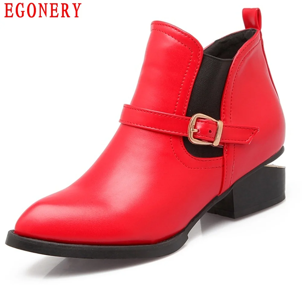 

EGONERY Casual Square Heel Belt Strap Elastic Slip On Vintage Chelsea Boots Womens Ankle Shoes Boot