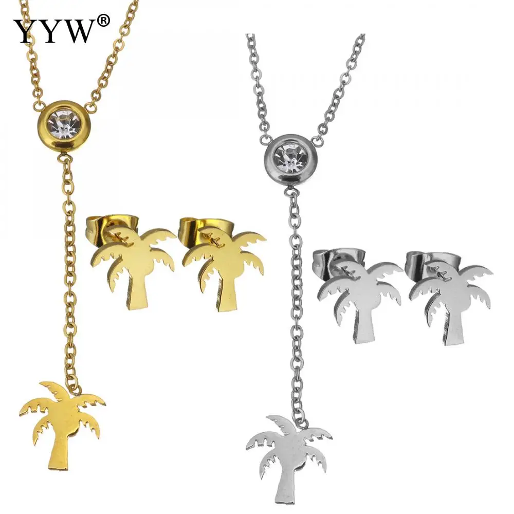 Fashion Stainless Steel Palm Tree Shape Jewelry Set Rhinestone Pendant