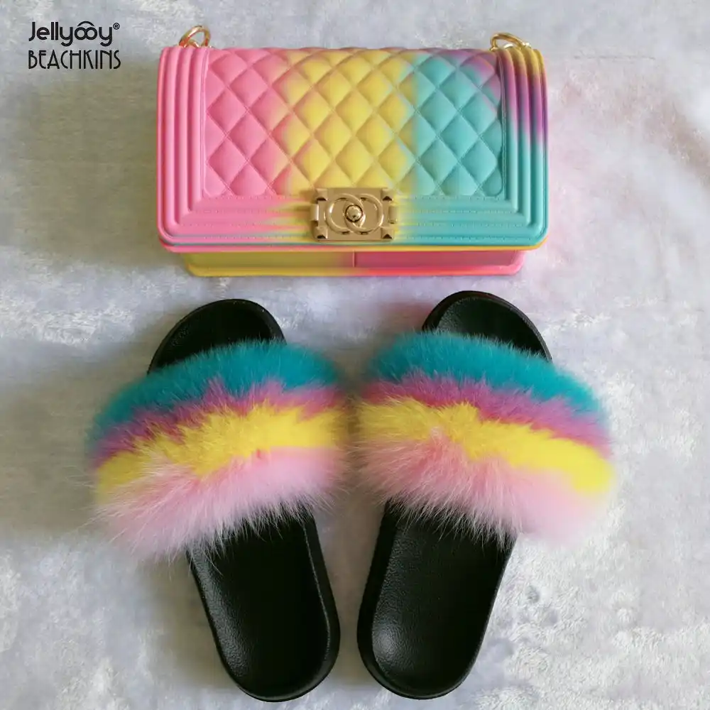 rainbow sandals and purse