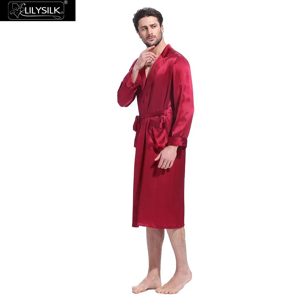

LilySilk Robe Bathrobe Sleepwear Kimono Male Natural Silk Men Long Designer Long Sleeve Belt Tier Pockets Luxury Free Shipping