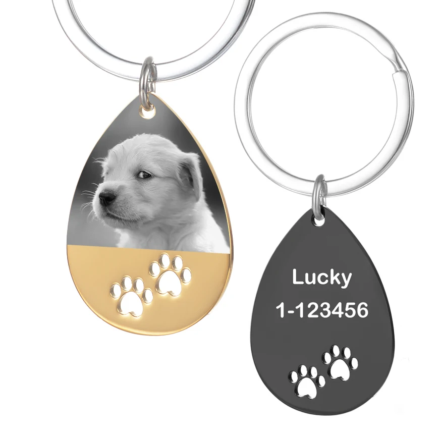 

Personalized custom laser engraved Stainless Steel Silver Dog Tag Water Drop Gold Color Pendant Key Chain Ring