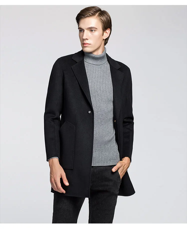 Batmo new arrival winter high quality double side wool casual black trench coat men,men's long winter coat 85839