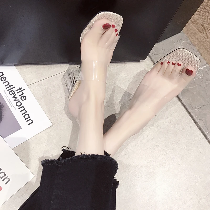 

Transparent sandals female 2019 summer new word with ladies wild crystal fairy wind thick with high heels slippers women shoes
