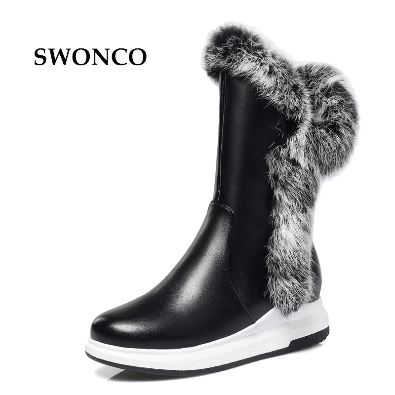

SWONCO Women's Fur Snow Boots 2018 Winter Thick Plush Ladies Boot Black Leather Boots Women Flat Heels Zipper Shoes Plus Size 43