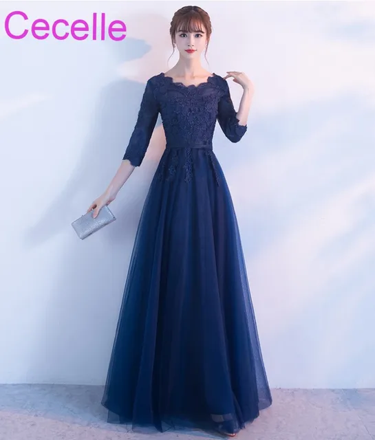 Navy Blue Long Modest Bridesmaid Dresses With 3 4 Sleeves A Line Navy Blue Long Modest Bridesmaid Dresses With 3 4 Sleeves A Line Floor Length